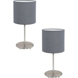 Loops 2 PACK Table Desk Lamp Colour Satin Nickel Steel Shade Grey Fabric E27 1x60W in Metallics - thumbnail 1