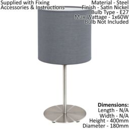 Loops 2 PACK Table Desk Lamp Colour Satin Nickel Steel Shade Grey Fabric E27 1x60W in Metallics - thumbnail 2