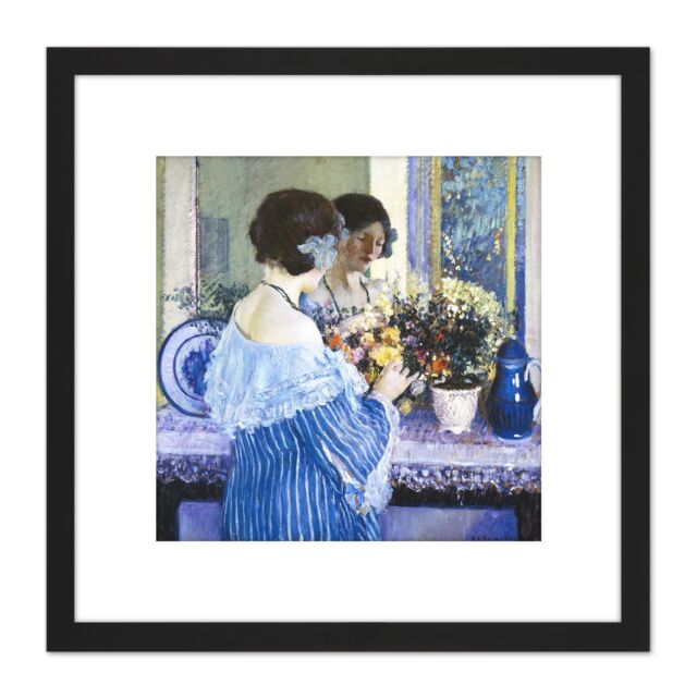 Artery8 Frieseke Blue Arranging Flowers Painting 8X8 Inch Square Wooden Framed Wall Art Print Picture with Mount in Black - image 1