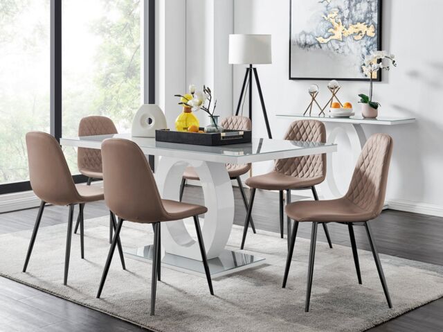 FurnitureboxUK Giovani 6-Seater Grey Glass Dining Table & 6 Corona Faux Leather Dining Chairs in Beige - image 1