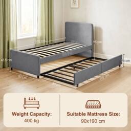 HOMCOM 90 x 190 cm Upholstered Single Bed, Pull Out Trundle Bed in Dark Grey - thumbnail 3