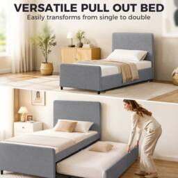 HOMCOM 90 x 190 cm Upholstered Single Bed, Pull Out Trundle Bed in Dark Grey - thumbnail 4