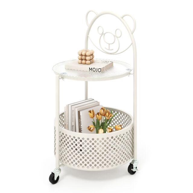 Costway Mobile Glass Coffee Table 2-Tier Round End Table w/Bear Pattern in White - image 1