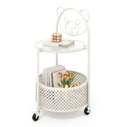 Costway Mobile Glass Coffee Table 2-Tier Round End Table w/Bear Pattern in White