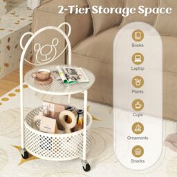Costway Mobile Glass Coffee Table 2-Tier Round End Table w/Bear Pattern in White - thumbnail 6