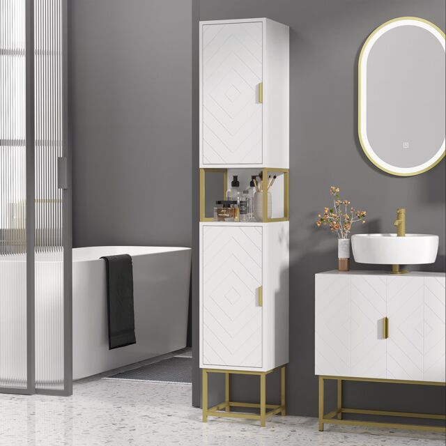 Kleankin Narrow Bathroom Storage Cabinet with Open Shelf Adjustable Shelf in White - image 1
