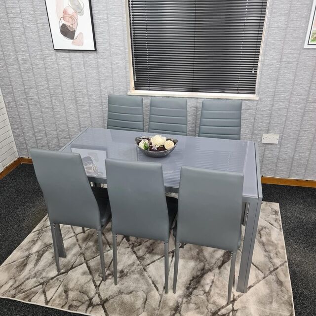 KOSY KOALA Modern Rectangle Glass Dining Table Set With 6 Grey Faux Leather Chairs Dining Room Furniture in Brown - image 1