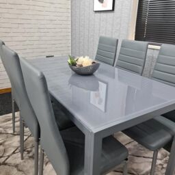 KOSY KOALA Modern Rectangle Glass Dining Table Set With 6 Grey Faux Leather Chairs Dining Room Furniture in Brown - thumbnail 4