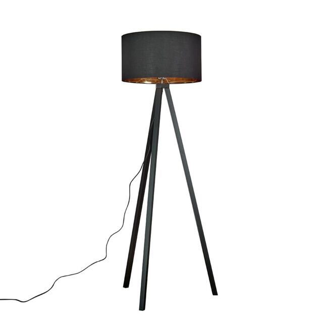 ValueLights Barbro Black Wood Tripod Floor Lamp with Black Gold Shade & LED Bulb - image 1