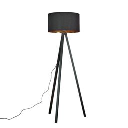 ValueLights Barbro Black Wood Tripod Floor Lamp with Black Gold Shade & LED Bulb