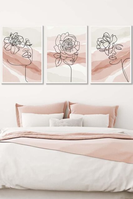 ARTZE Set of 3 White Framed Female Line Art Floral Faces on Pink & Ivory Wall Art in Light Pink - Size: W45 cm x H62 cm x D20mm - image 1