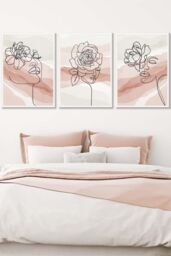 ARTZE Set of 3 White Framed Female Line Art Floral Faces on Pink & Ivory Wall Art in Light Pink - Size: W45 cm x H62 cm x D20mm - thumbnail 1