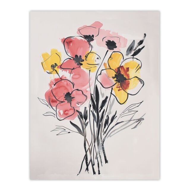 "Artery8 Abstract Flower Bouquet Pastel Yellow Pink Floral Wall Art Print - Size: W24"" x H32""" - image 1