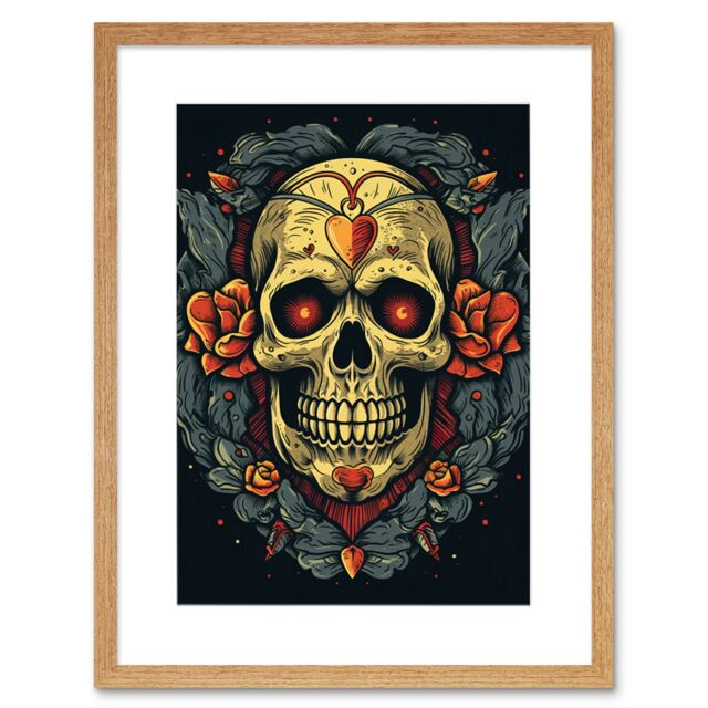 "Artery8 Wall Art Print Skull Roses & Heart Tattoo Ink Body Art Rockabilly Americana 50s Artwork Framed 9X7 Inch in Beige - Size: W7"" x H9""" - image 1