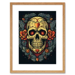 "Artery8 Wall Art Print Skull Roses & Heart Tattoo Ink Body Art Rockabilly Americana 50s Artwork Framed 9X7 Inch in Beige - Size: W7"" x H9""" - thumbnail 1