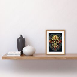 "Artery8 Wall Art Print Skull Roses & Heart Tattoo Ink Body Art Rockabilly Americana 50s Artwork Framed 9X7 Inch in Beige - Size: W7"" x H9""" - thumbnail 2