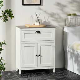Kleankin Bathroom Floor Standing Cabinet Storage Organizer Drawer Double Door in White - thumbnail 1