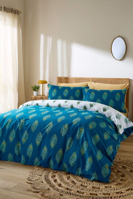 Their Nibs 'Peacock Feather' Cotton Reversible Duvet Cover Set in Teal - Size: Single - image 1