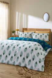 Their Nibs 'Peacock Feather' Cotton Reversible Duvet Cover Set in Teal - Size: Single - thumbnail 2