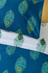 Their Nibs 'Peacock Feather' Cotton Reversible Duvet Cover Set in Teal - Size: Single - thumbnail 4