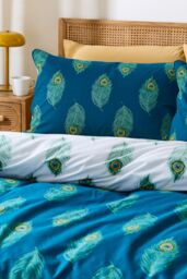 Their Nibs 'Peacock Feather' Cotton Reversible Duvet Cover Set in Teal - Size: Single - thumbnail 3