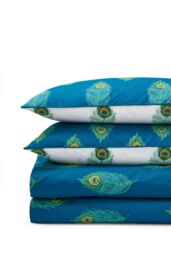Their Nibs 'Peacock Feather' Cotton Reversible Duvet Cover Set in Teal - Size: Single - thumbnail 6