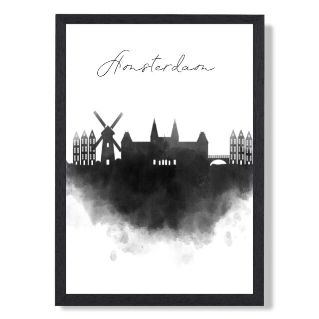 ARTZE Amsterdam Watercolour Skyline City Framed Print SIZE: A3 with Black Frame - Size: A4 - image 1