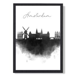 ARTZE Amsterdam Watercolour Skyline City Framed Print SIZE: A3 with Black Frame - Size: A4 - thumbnail 1