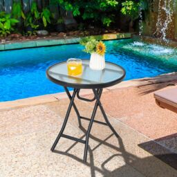 Costway Patio Folding Glass Side Table 46 cm Portable Round Bistro Coffee Table in Black - thumbnail 5