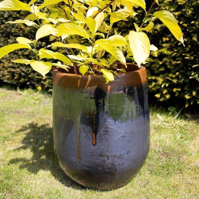 Primrose Terracotta Tall Round Honey Pot Style Planter In Grey & Blue 42cm in Dark Blue - image 1