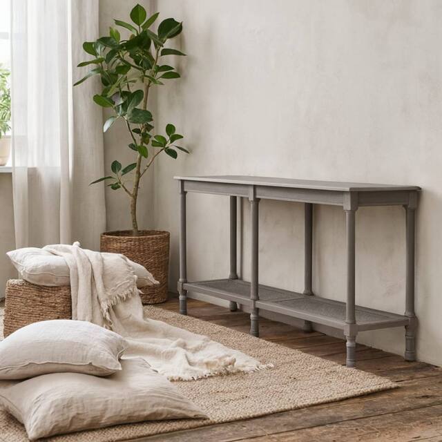 Wyld Haus Laurelbrook Large Console Table Grey Wood with Woven Rattan Shelf - image 1