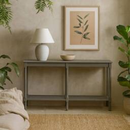 Wyld Haus Laurelbrook Large Console Table Grey Wood with Woven Rattan Shelf - thumbnail 2