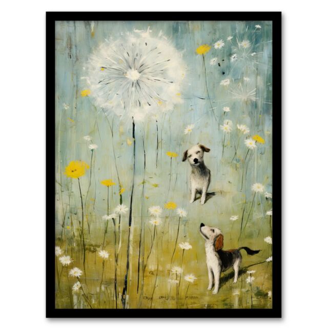 Artery8 The Giant Dandelion & Curious Dogs Bright Oil Painting Art Print Framed Poster Wall Decor in Black - Size: A4 - image 1
