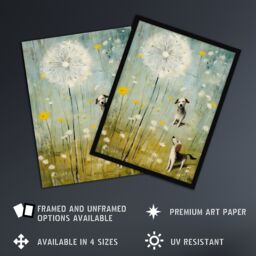 Artery8 The Giant Dandelion & Curious Dogs Bright Oil Painting Art Print Framed Poster Wall Decor in Black - Size: A4 - thumbnail 2