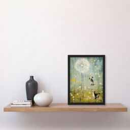 Artery8 The Giant Dandelion & Curious Dogs Bright Oil Painting Art Print Framed Poster Wall Decor in Black - Size: A4 - thumbnail 4