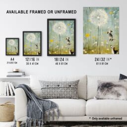 Artery8 The Giant Dandelion & Curious Dogs Bright Oil Painting Art Print Framed Poster Wall Decor in Black - Size: A4 - thumbnail 3