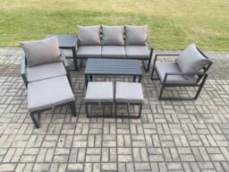 Fimous Aluminium 8 Pieces Garden Furniture Sofa Set with Cushions 8 Seater Outdoor Patio Set with 2 Armchair 3 Footstools Side Table in Dark Grey - thumbnail 2