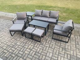 Fimous Aluminium 8 Pieces Garden Furniture Sofa Set with Cushions 8 Seater Outdoor Patio Set with 2 Armchair 3 Footstools Side Table in Dark Grey - thumbnail 1