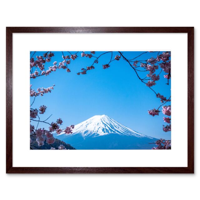"Artery8 Wall Art Print Ying Cherry Blossom Mount Fuji Japan Framed in Brown - Size: W7"" x H9""" - image 1