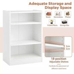 Costway 3-Tier Adjustable Bookcase Bookshelf Modern Display Cabinet w/ Anti-toppling Device in White - thumbnail 6