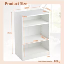 Costway 3-Tier Adjustable Bookcase Bookshelf Modern Display Cabinet w/ Anti-toppling Device in White - thumbnail 2