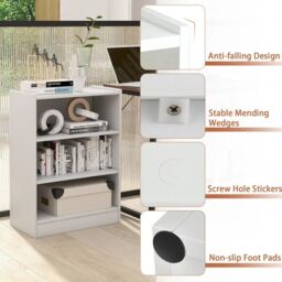 Costway 3-Tier Adjustable Bookcase Bookshelf Modern Display Cabinet w/ Anti-toppling Device in White - thumbnail 5
