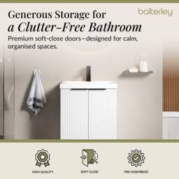 Balterley Fluted Front 2 Soft Close Door Vanity Basin Unit, Satin White, 500mm in White - thumbnail 4