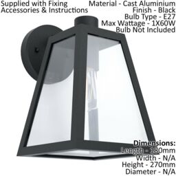 Loops IP44 Outdoor Wall Light Black Trapeze Lantern 1 x 60W E27 Bulb Porch Lamp - thumbnail 2