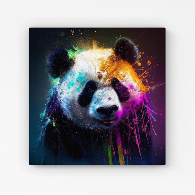 Warren Reed - Designer Panda Face Splashart Colourful Canvas in Blue - Size: w10 inch x h10 inch - image 1
