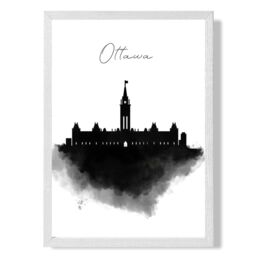 ARTZE Ottawa Watercolour Skyline City Framed Print SIZE: A4 with White Frame in Black - thumbnail 1