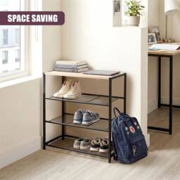 KORVIXA 3 Tier Metal Shoe Rack with Wooden Seat in Black - Size: 100 cm x 100 cm - thumbnail 5