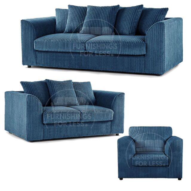 Furnishings For Less UK Luxor Jumbo Cord 3 + 2 + 1 Fabric 3 Piece Sofa Suite - Scatter Back in Blue - image 1