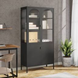 Berkfield Home Highboard Black 90x40x180 cm Glass & Steel - Size: 90 x 40 x 180 cm - thumbnail 2