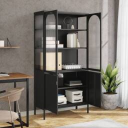 Berkfield Home Highboard Black 90x40x180 cm Glass & Steel - Size: 90 x 40 x 180 cm - thumbnail 3